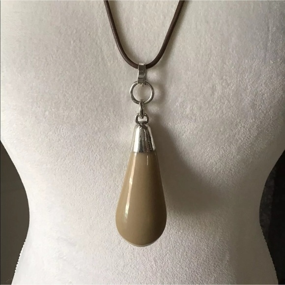 NEW Taupe Teardrop Pendant Statement Drop Necklace Long Wax Cord Mod Resin - Picture 2 of 6